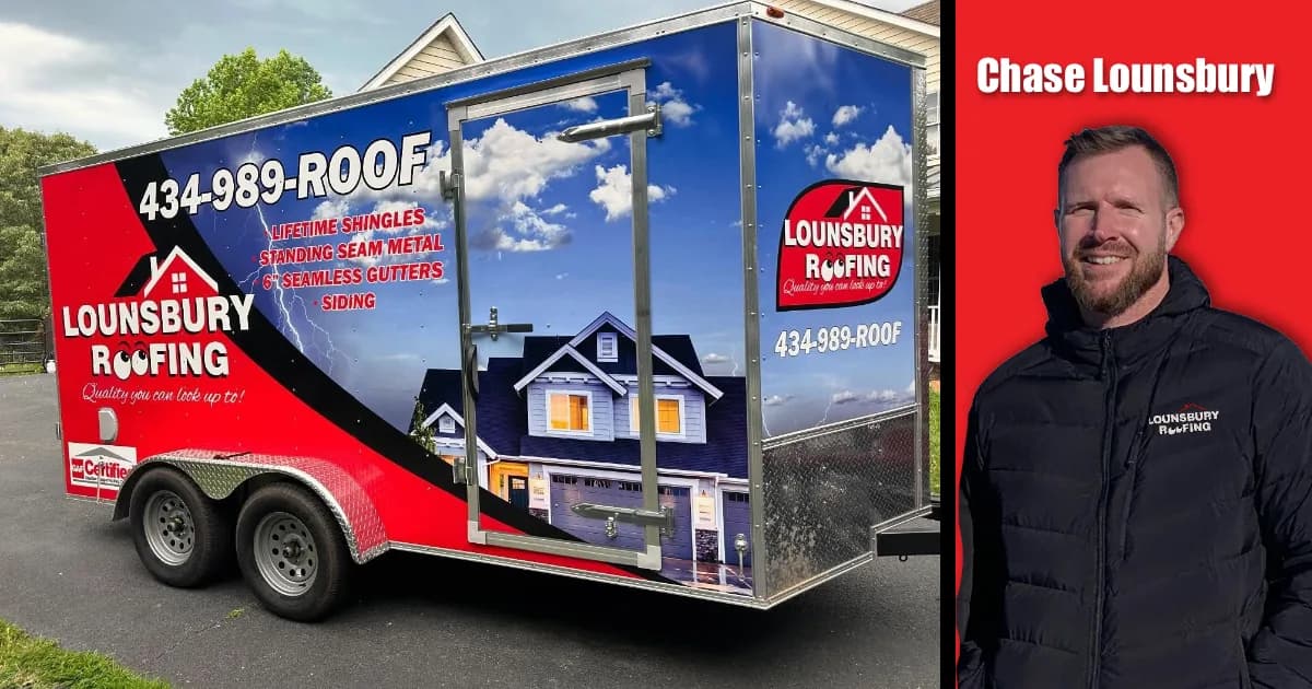 Chase Lounsbury and the branded Lounsbury Roofing trailer — your local Charlottesville-area roofer