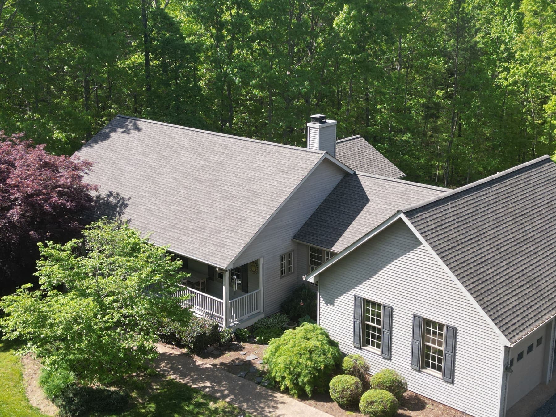Aerial view of a Lounsbury Roofing architectural-shingle install in central Virginia