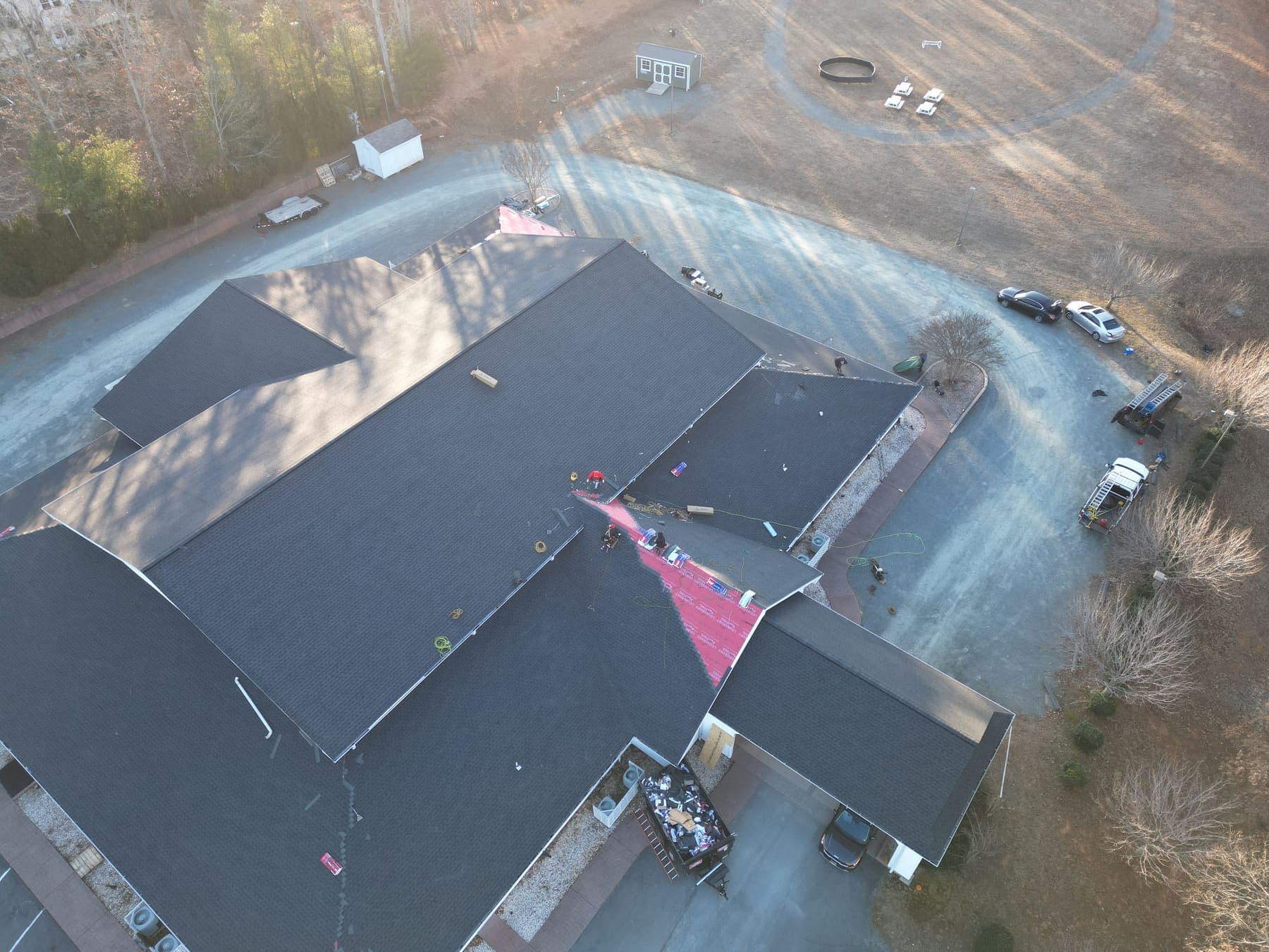 Lounsbury Roofing crew re-roofing a community church in central Virginia