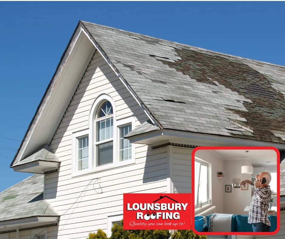 Damaged shingles on a central Virginia home with the Lounsbury Roofing logo overlay
